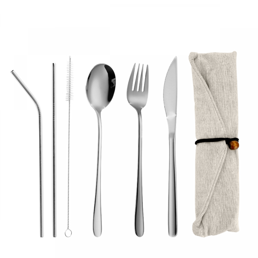 Set de cubiertos con estuche plateado, acero inox, 6 piezas