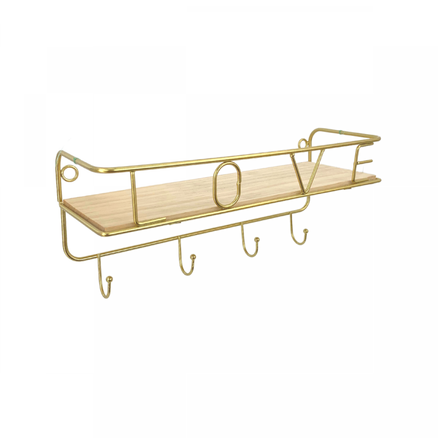 Repisa con 4 ganchos dorado, 30cm, hierro forjado y madera