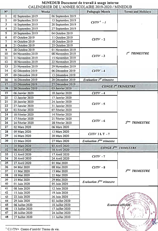 Calendrier de l'année scolaire 2024-2025 Cameroun MINEDUB MINESEC 