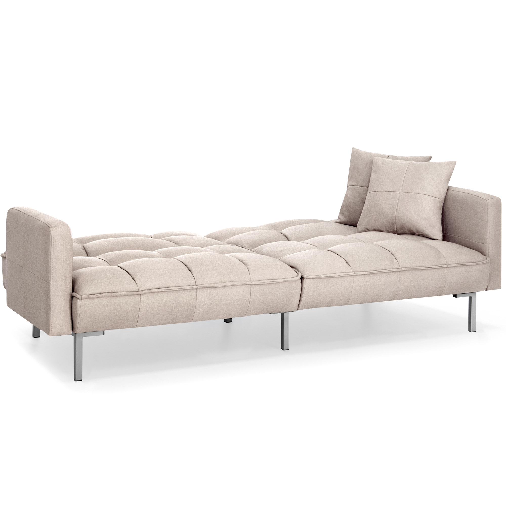 BCP Convertible Linen Tufted Futon w/ 2 Plush Pillows, SplitBack