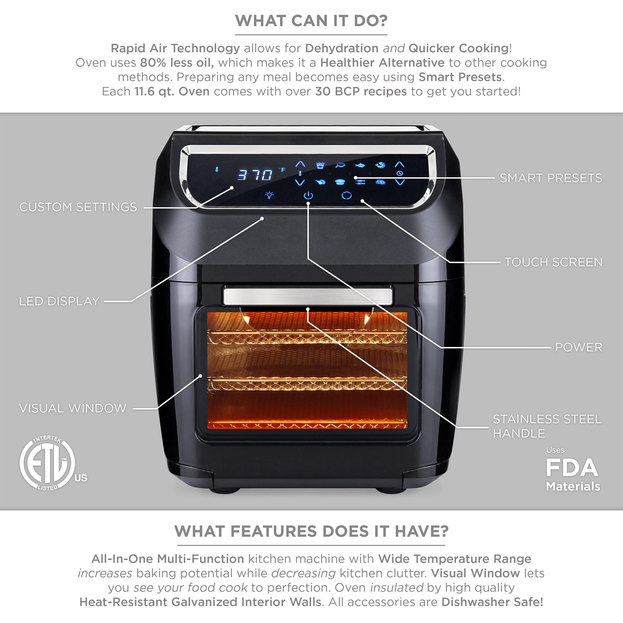 BCP 11.6qt 8-in-1 XL Air Fryer Oven, Rotisserie, Dehydrator Set w/ 8