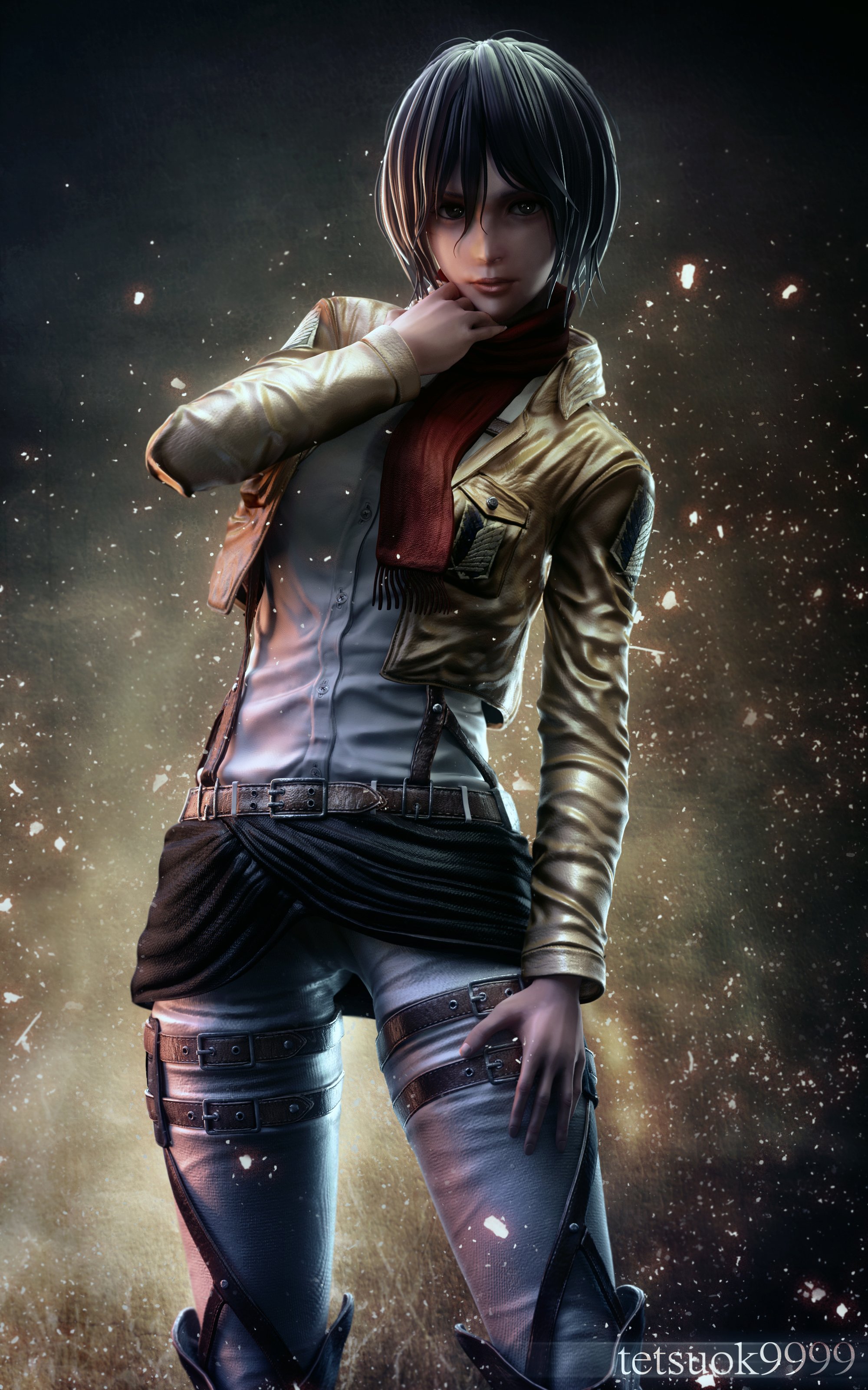 Wallpaper Attack On Titan 98 Shingeki no Kyojin, anime girls, thighs, short hair, black hair, small boobs, brown jacket, 2D, Mikasa Ackerman, vertical, looking at viewer, black eyes, fan art