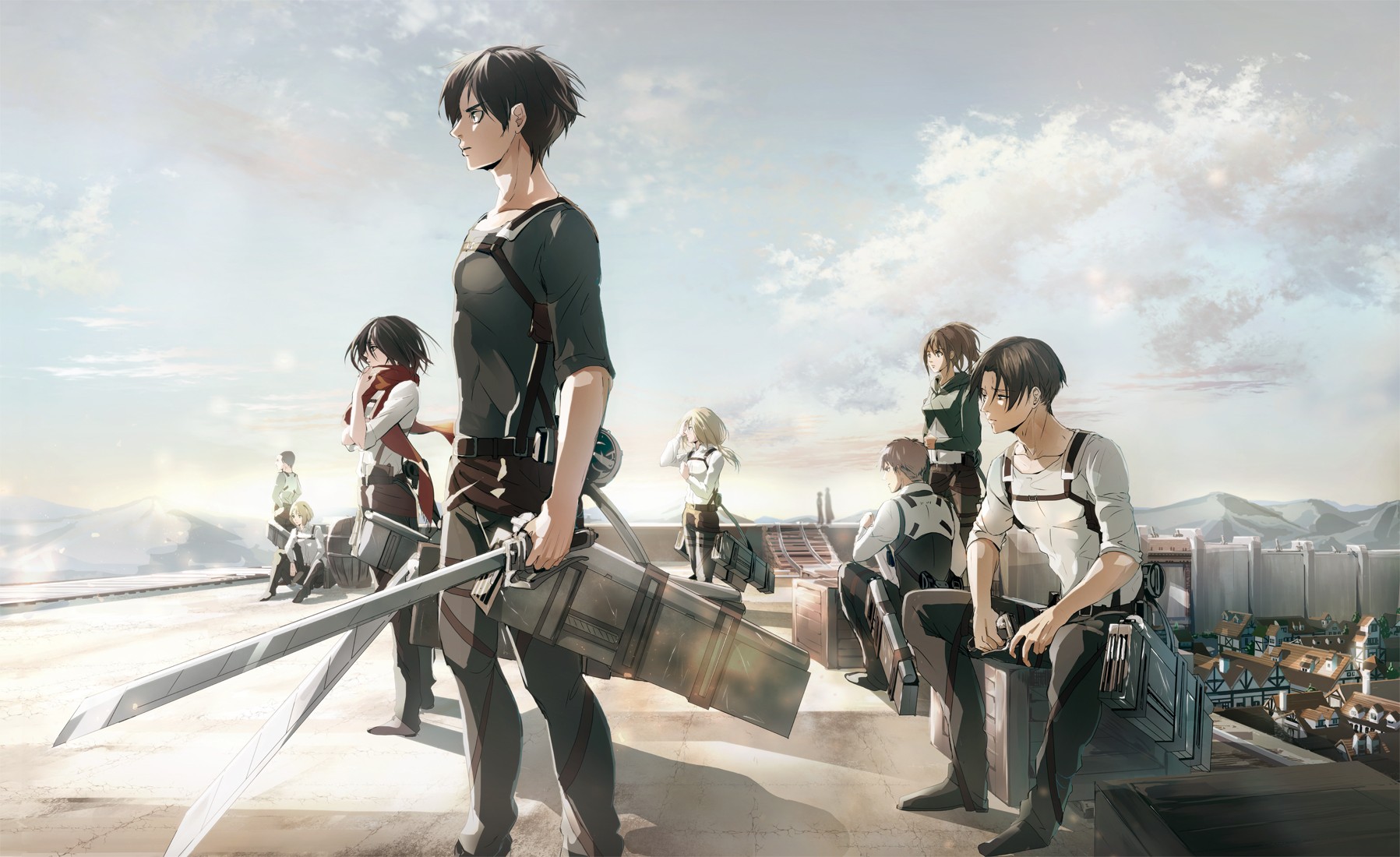 Wallpaper Attack On Titan 308 Shingeki no Kyojin, Armin Arlert, Renz Christa, Eren Jeager, Levi Ackerman, Mikasa Ackerman, Blouse Sasha, weapon, clouds, anime boys, anime girls, anime