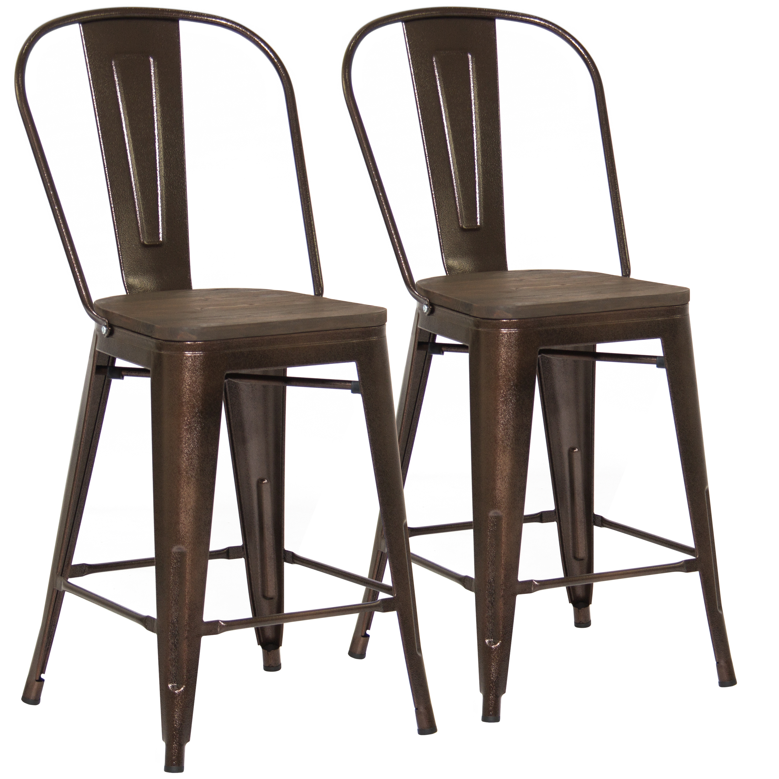 Industrial Style Set Of 2 Counter Height Metal Wood Bar Stools Brown