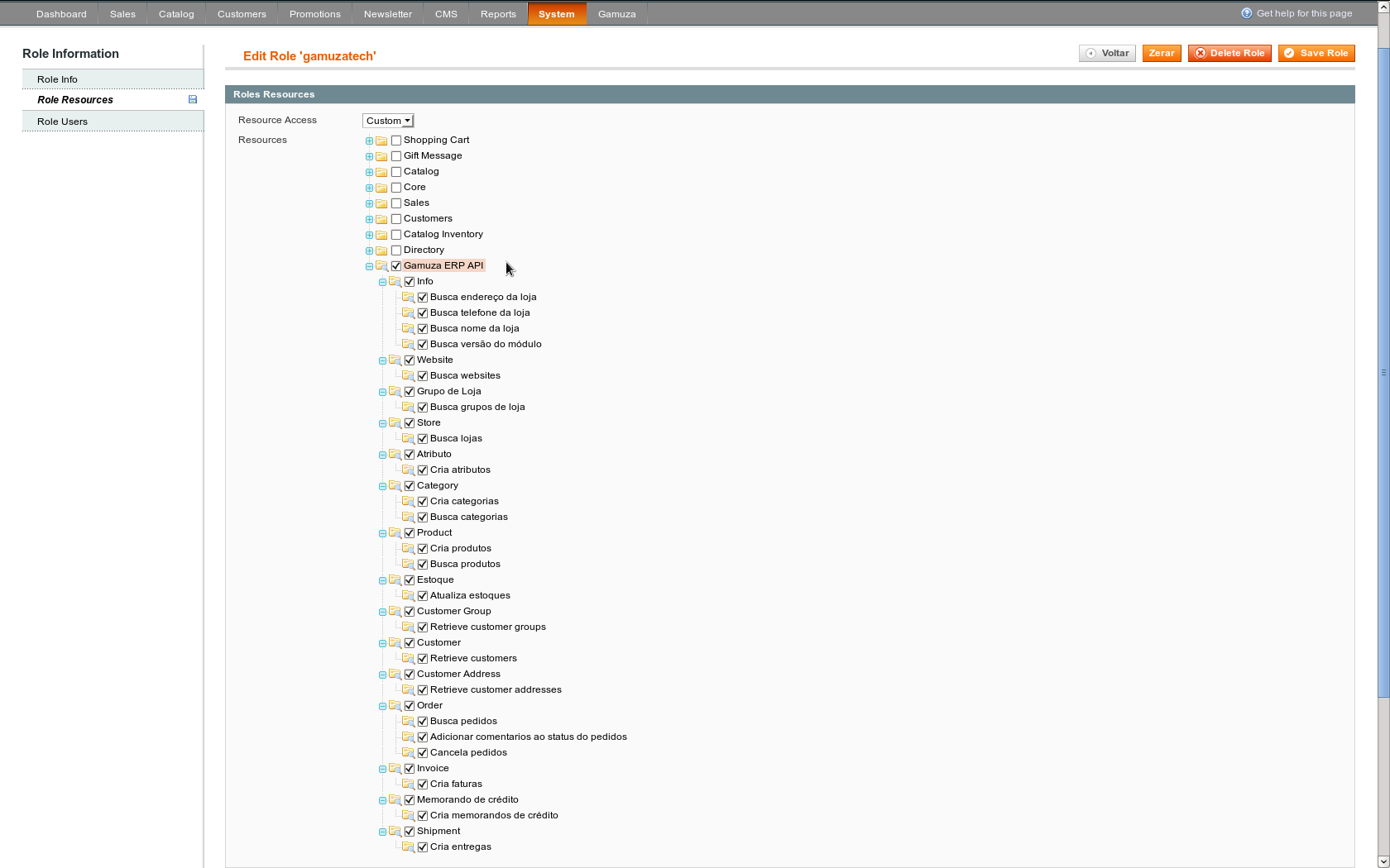 Gamuza ERP - Magento - Configurando os métodos disponíveis para o perfil do usuário no Webservice