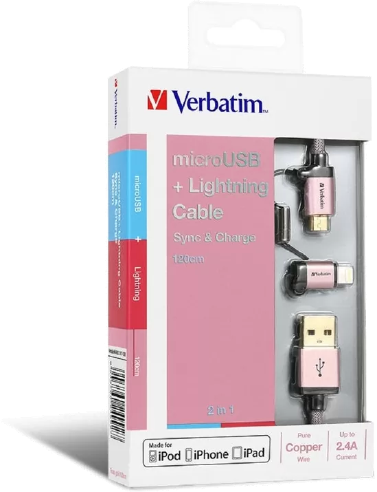 VERBATIM 120cm Sync & Charge 2 in 1 Micro USB and Lightning Cable
