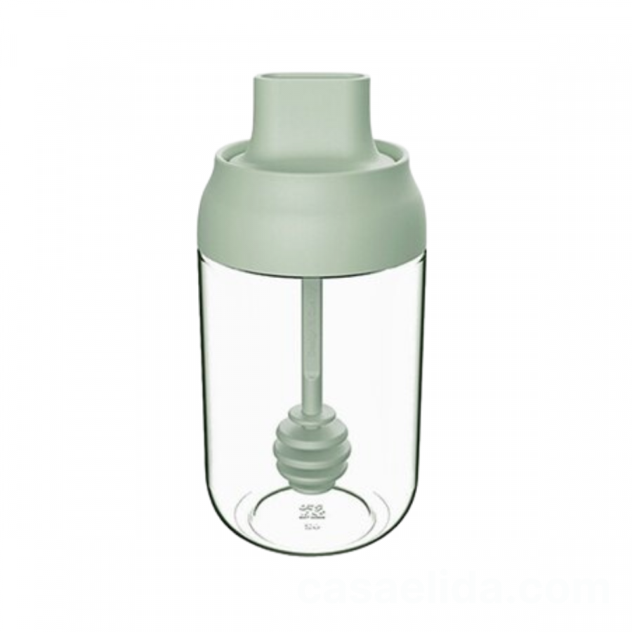 Frasco de miel verde, 14xØ6.5cm, cuchara mielera