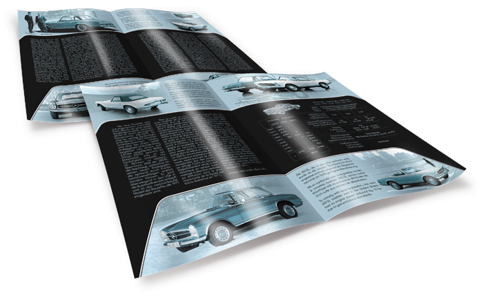 4 pages issues du livret consacré à la Mercedes-Benz dite 'Pagode'. ➜ Cliquez pour afficher en HD