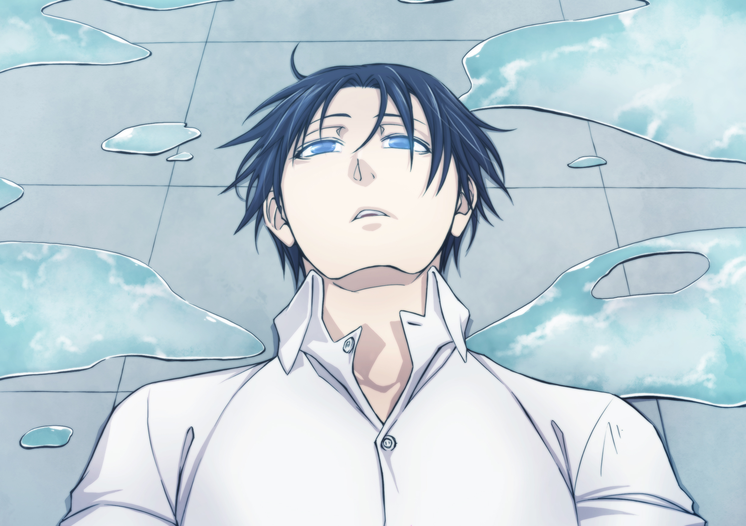 [image: Yu Wenzhou lying on the roof deck surrounded by puddles that reflect the sky above him]