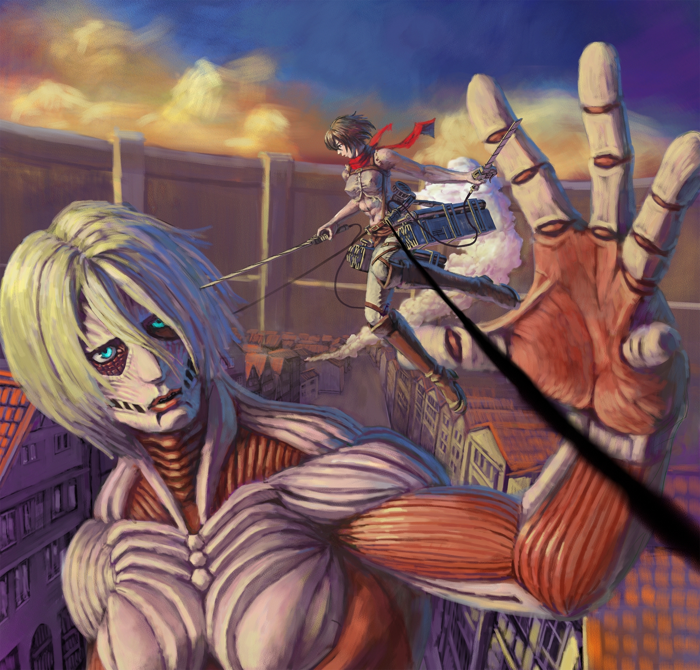 Wallpaper Attack On Titan 154 Shingeki no Kyojin, anime girls, Mikasa Ackerman, 2D, short hair, blond hair, black hair, scarf, women with swords, female soldier, fighting, aqua eyes, big boobs, 6-pack, muscles, biceps, abs, thigh high boots, no bra