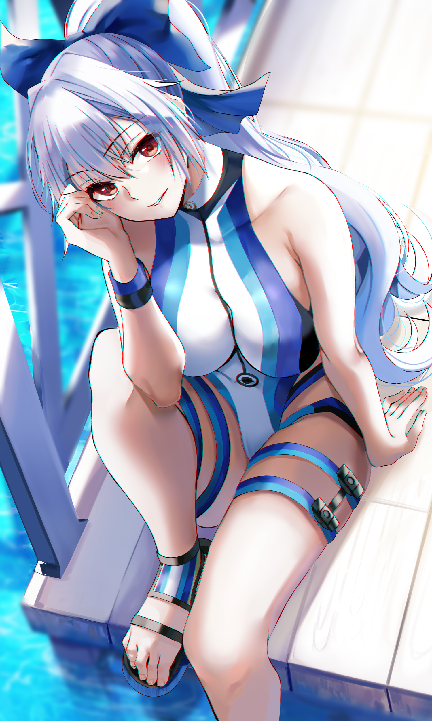 Wallpaper One Piece 77 anime, anime girls, digital art, artwork, 2D, portrait display, vertical, Fate Series, Tomoe Gozen (Fate/Grand Order), Nicky W, ponytail, silver hair, brown eyes, one-piece swimsuit