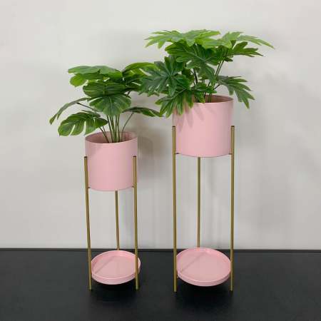 Set de porta maceteros rosado, metálico