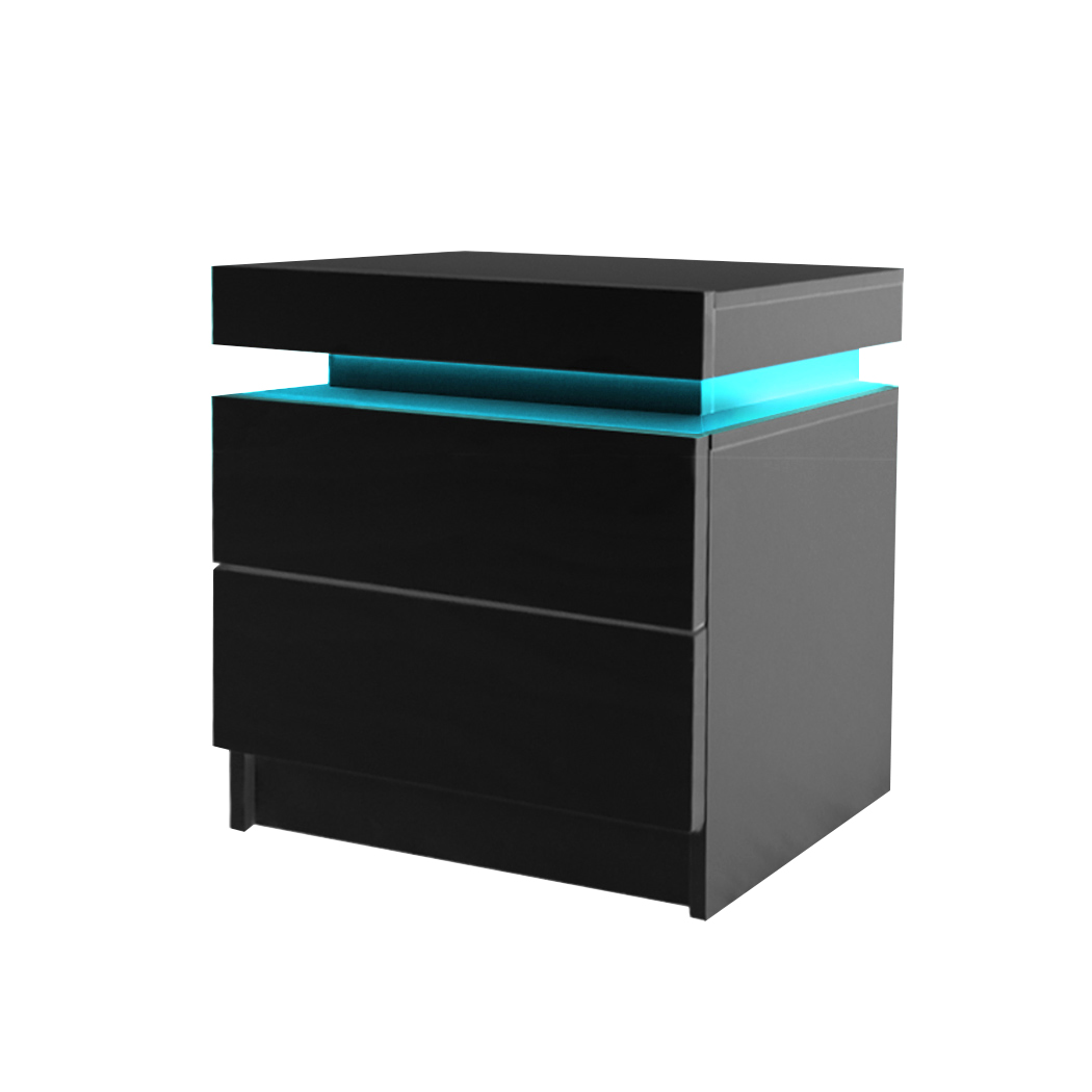 TopSellers-Black Bedside Table - Modern 2 Drawers with LED Light & USB