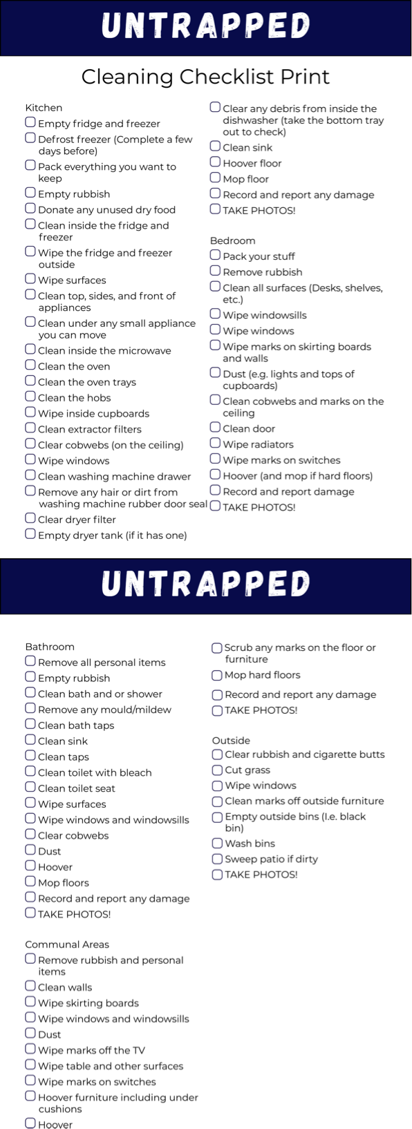 Untrapped Template Student Cleaning Checklist