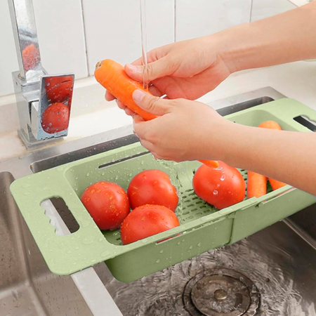 Escurridor retráctil para frutas y verduras verde, 8x48x19cm