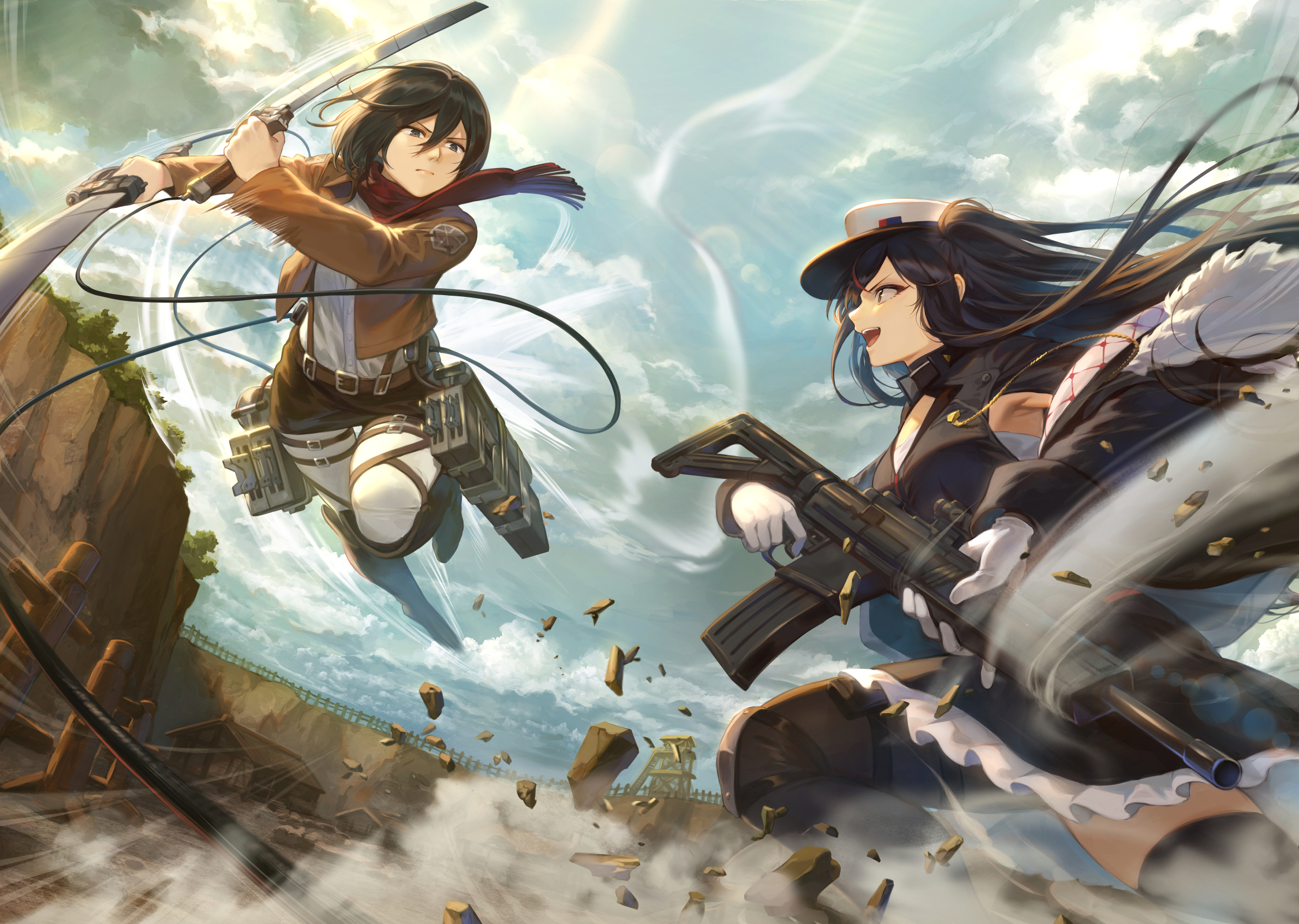 Wallpaper Attack On Titan 31 anime, anime girls, digital art, artwork, 2D, portrait, two women, battle, girls with swords, girls with guns, machine gun, sword, brunette, dark hair, sky, weapon, mashu_003, crossover, Shingeki no Kyojin, Mikasa Ackerman, low-angle, dutch tilt