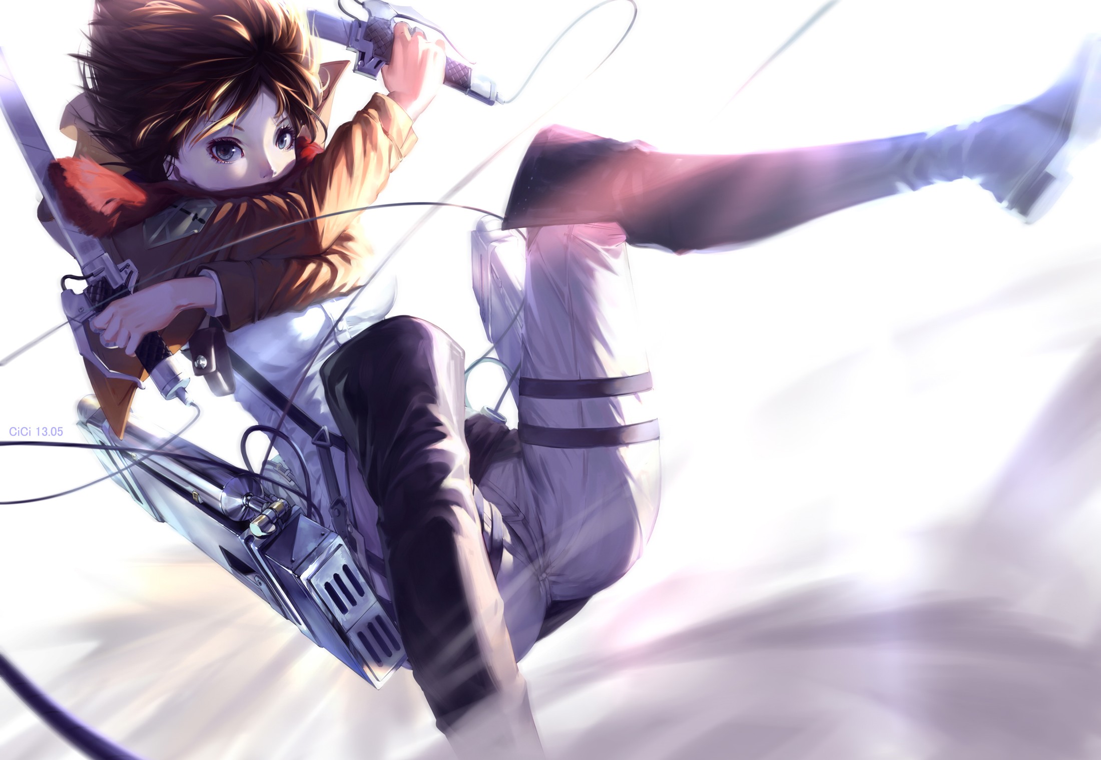 Wallpaper Attack On Titan 550 Shingeki no Kyojin, anime girls, 2D, thigh high boots, big boobs, brown jacket, women with swords, hair blowing in the wind, short hair, black hair, looking at viewer, black eyes, Mikasa Ackerman, female soldier, simple background, fan art