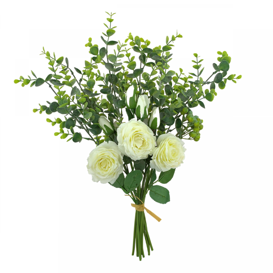 Bouquet artificial rosas, eucalipto y bayas, blanco, 48cm