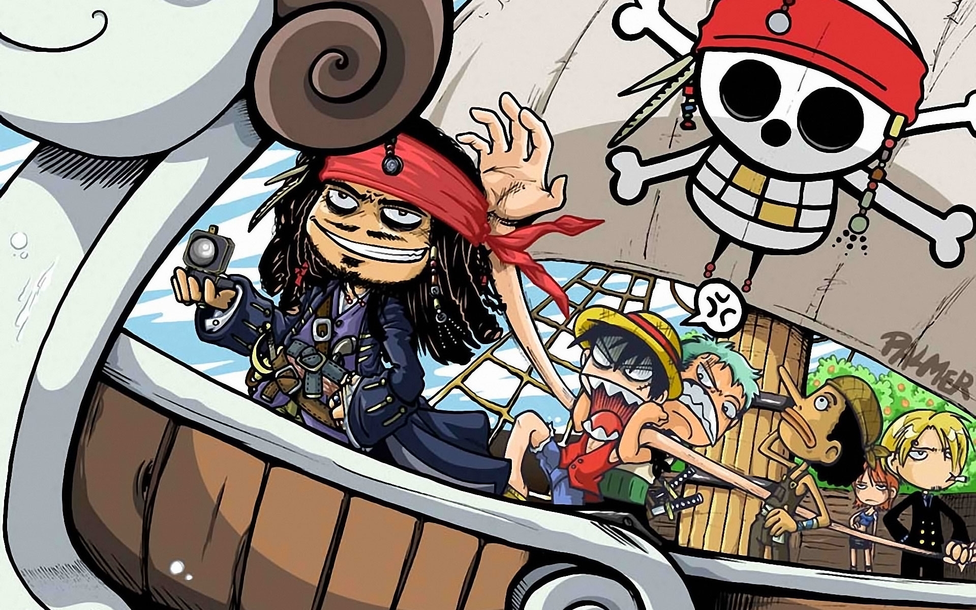 Wallpaper One Piece 29 humor, Jack Sparrow, One Piece, Pirates of the Caribbean, Monkey D. Luffy, Nami, Sanji, Roronoa Zoro, Ussop
