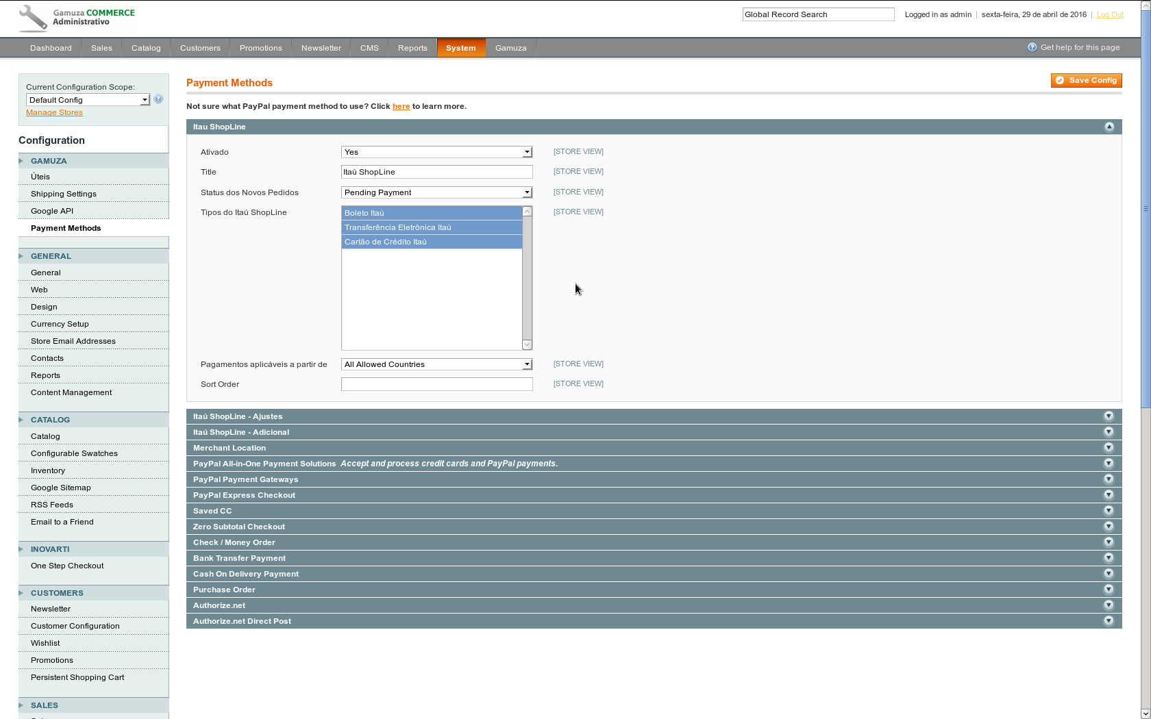Gamuza Itaú ShopLine - Magento - Configuração no Painel Administrativo