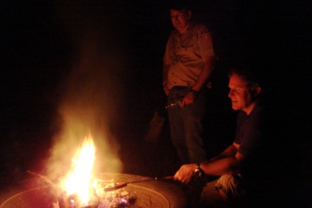 Brother Johnson and Brother McKenna around the fire