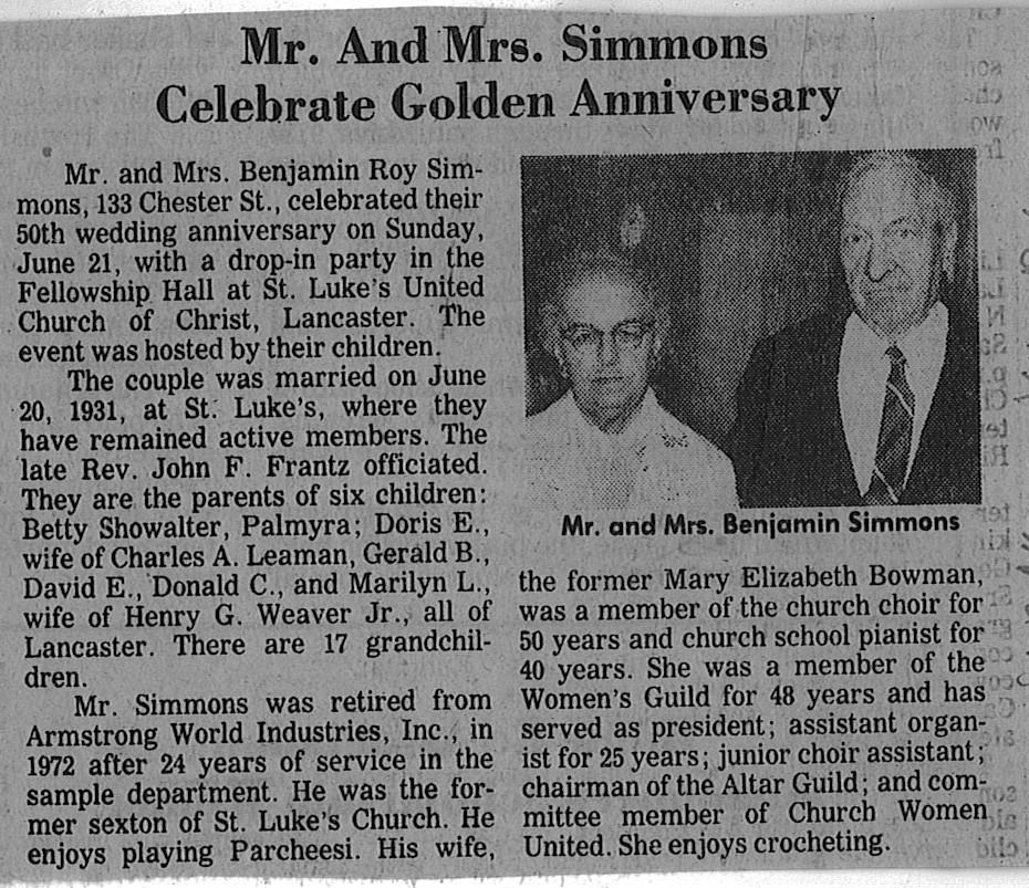 Anniversary-Simmons Benjamin Roy and Bowman Mary Elizabeth-50th-1981 ...