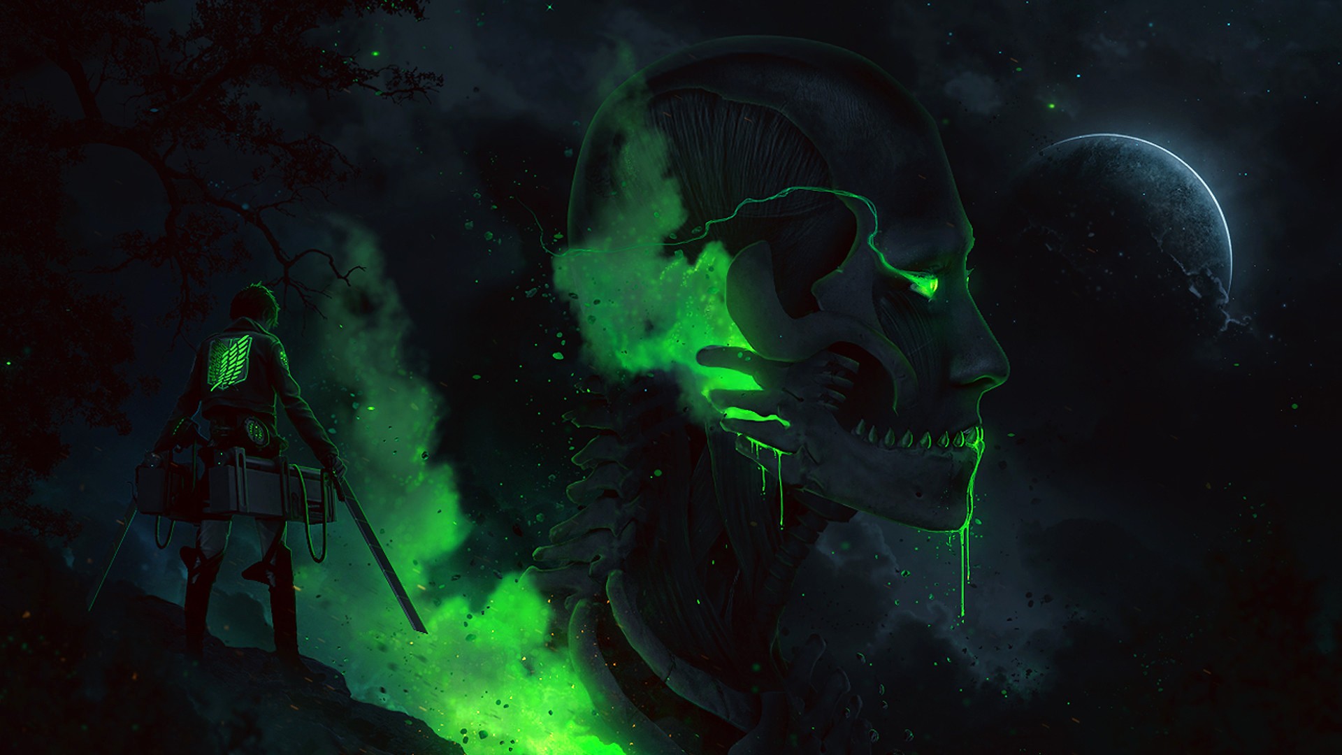 Wallpaper Attack On Titan 302 Shingeki no Kyojin, anime, skull, dark, fantasy art, glowing eyes