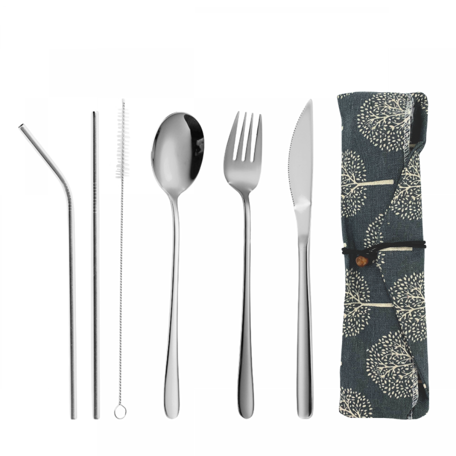 Set de cubiertos con estuche plateado, acero inox, 6 piezas