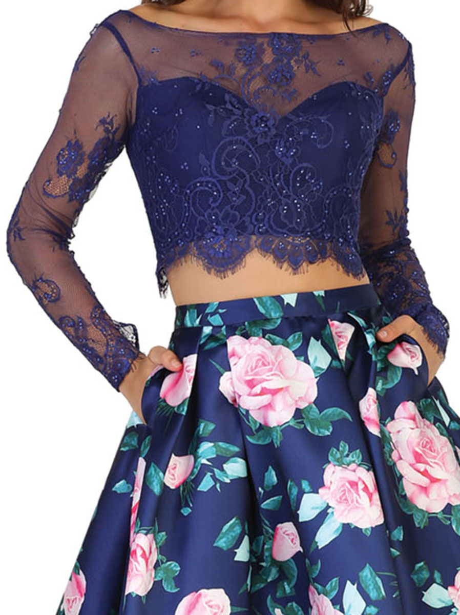 SEMI FORMAL 2 PIECE SHORT DRESS PROM LONG SLEEVE COCKTAIL GRADUATION