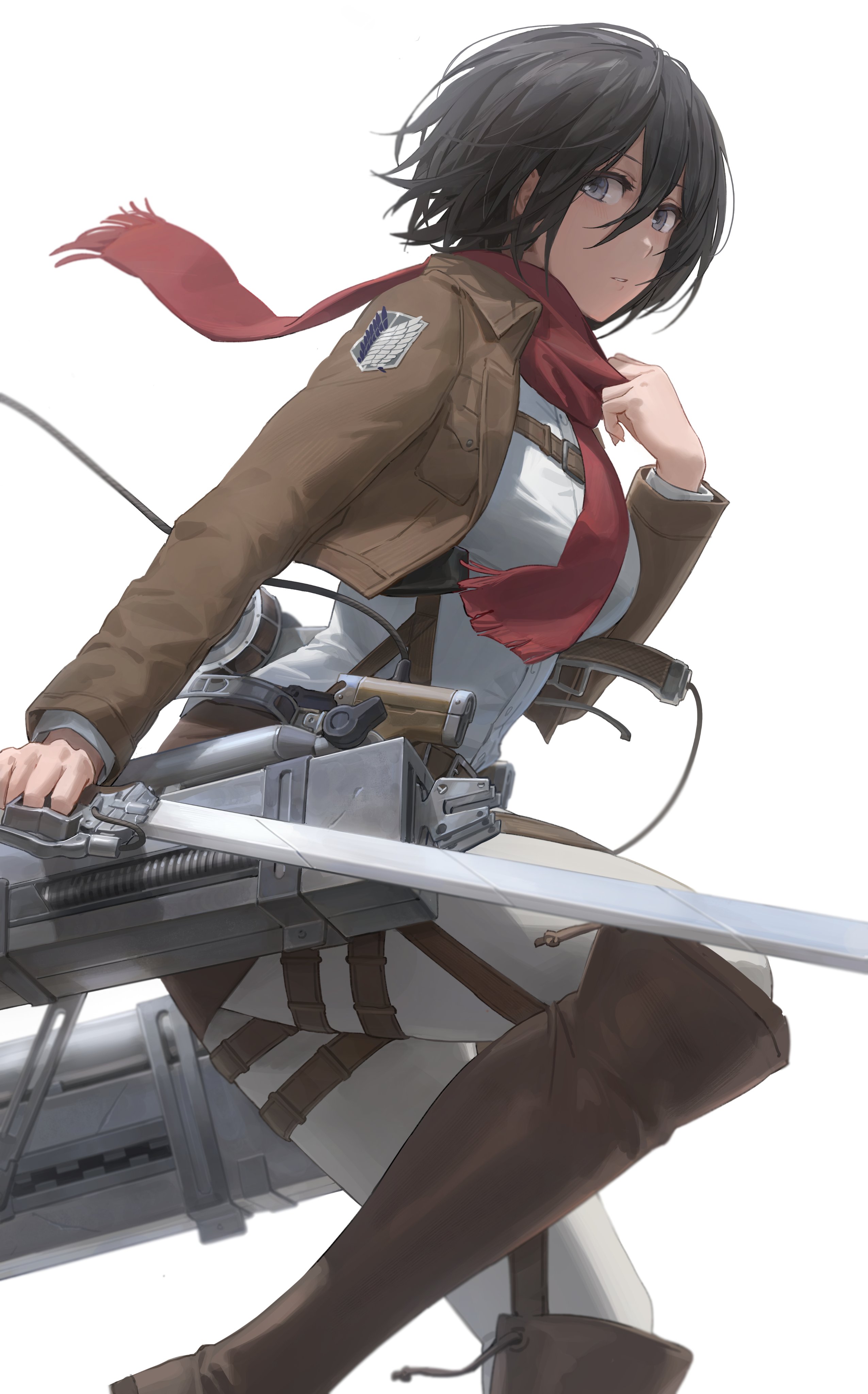 Wallpaper Attack On Titan 27 Shingeki no Kyojin, sideboob, brown boots, 2D, women with swords, thighs, scarf, hair in face, black hair, short hair, parted lips, brown jacket, Military Uniform, female soldier, anime, simple background, Mikasa Ackerman, anime girls, vertical, looking at viewer, bangs, black eyes, curvy, fantasy weapon, open jacket, thigh strap, fan art, yohan1754, side view, suspenders, blushing, army girl