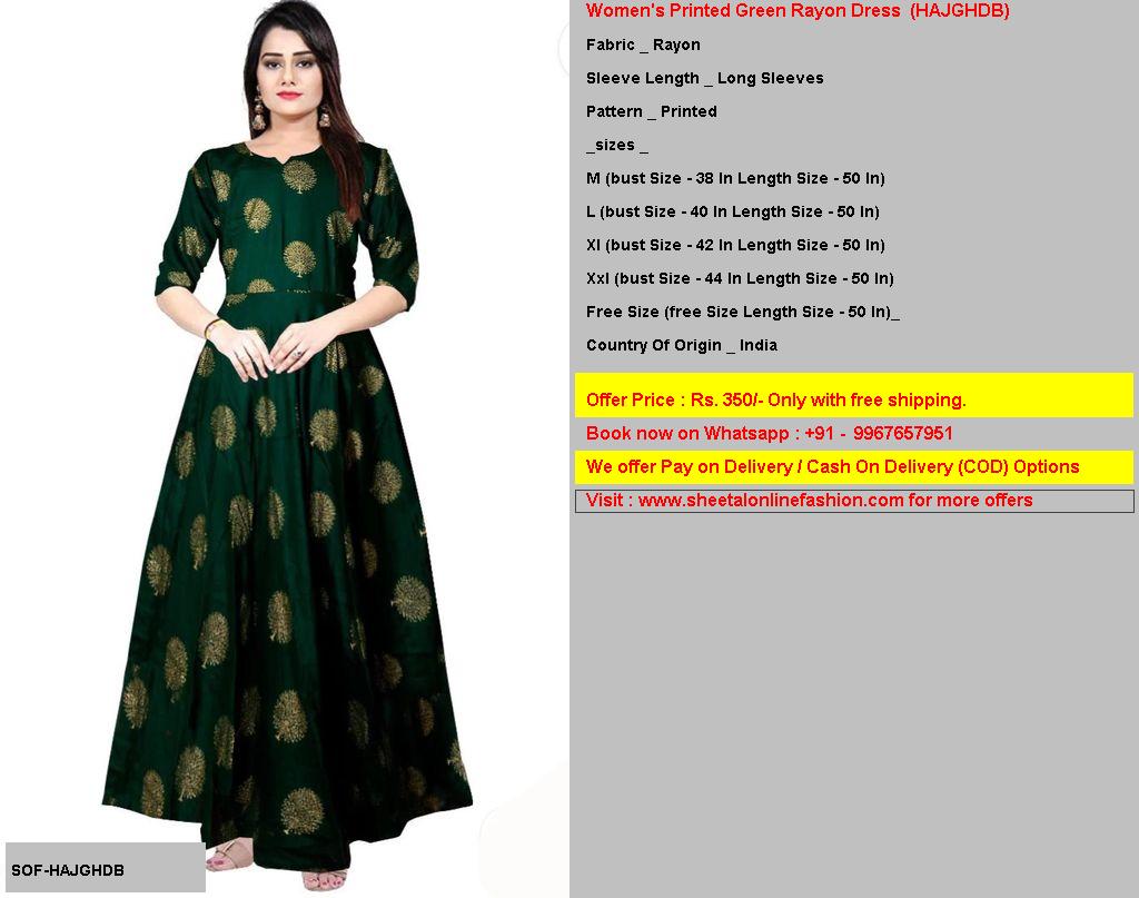 Women's Printed Green Rayon Dress code HAJGHDB Rs 350