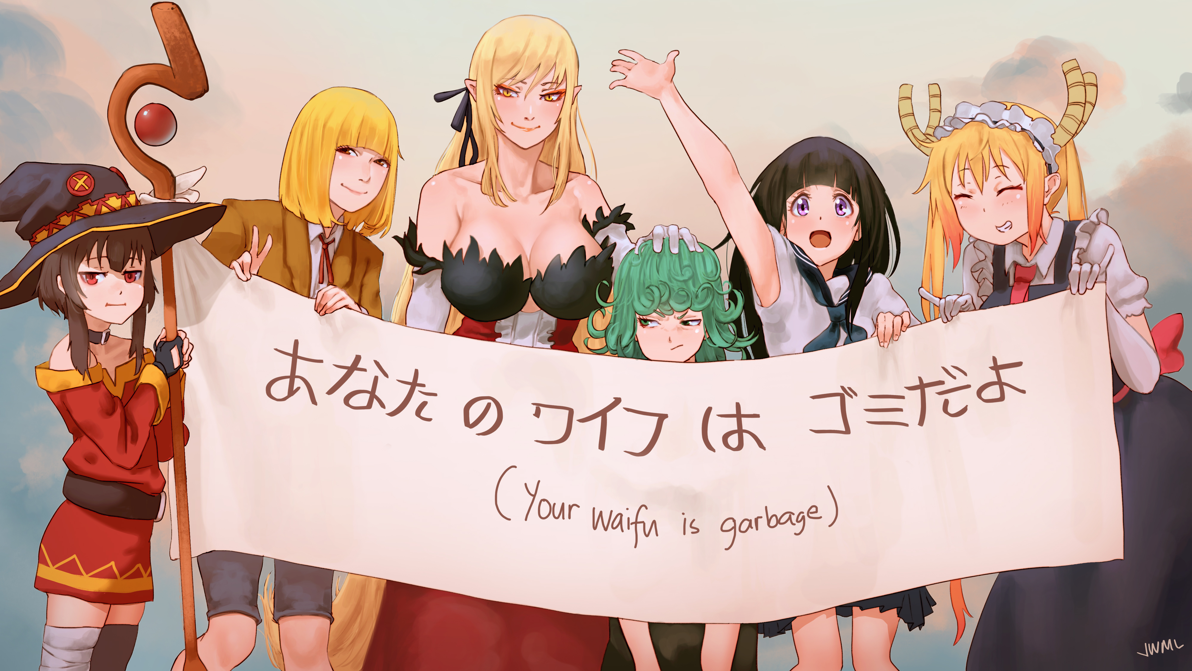 Wallpaper One Punch Man 110 Prison School, Monogatari Series, Kobayashi-san Chi no Maid Dragon, Kono Subarashii Sekai ni Shukufuku wo!, Hyouka, anime girls, Oshino Shinobu, Tohru (Kobayashi-san Chi no Maid Dragon), Megumin (KonoSuba), Chitanda Eru, Tatsumaki, Midorikawa Hana, One-Punch Man, crossover, big boobs, small boobs, long hair, short hair, blond hair