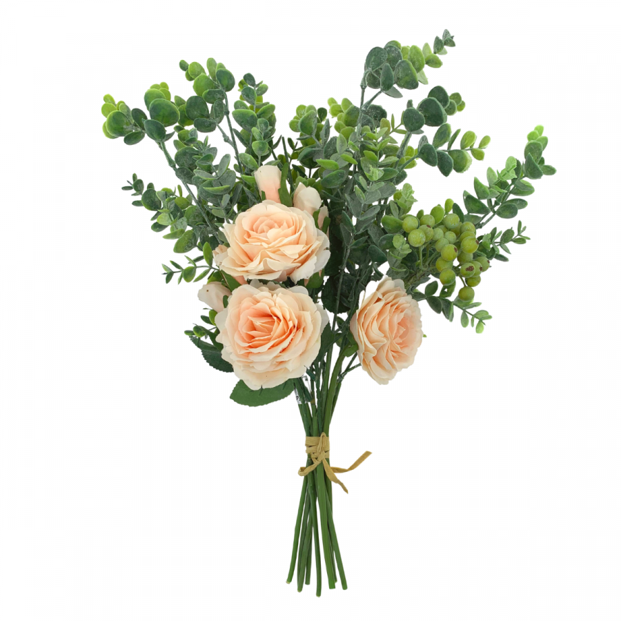 Bouquet artificial rosas, eucalipto y bayas, melón, 48cm