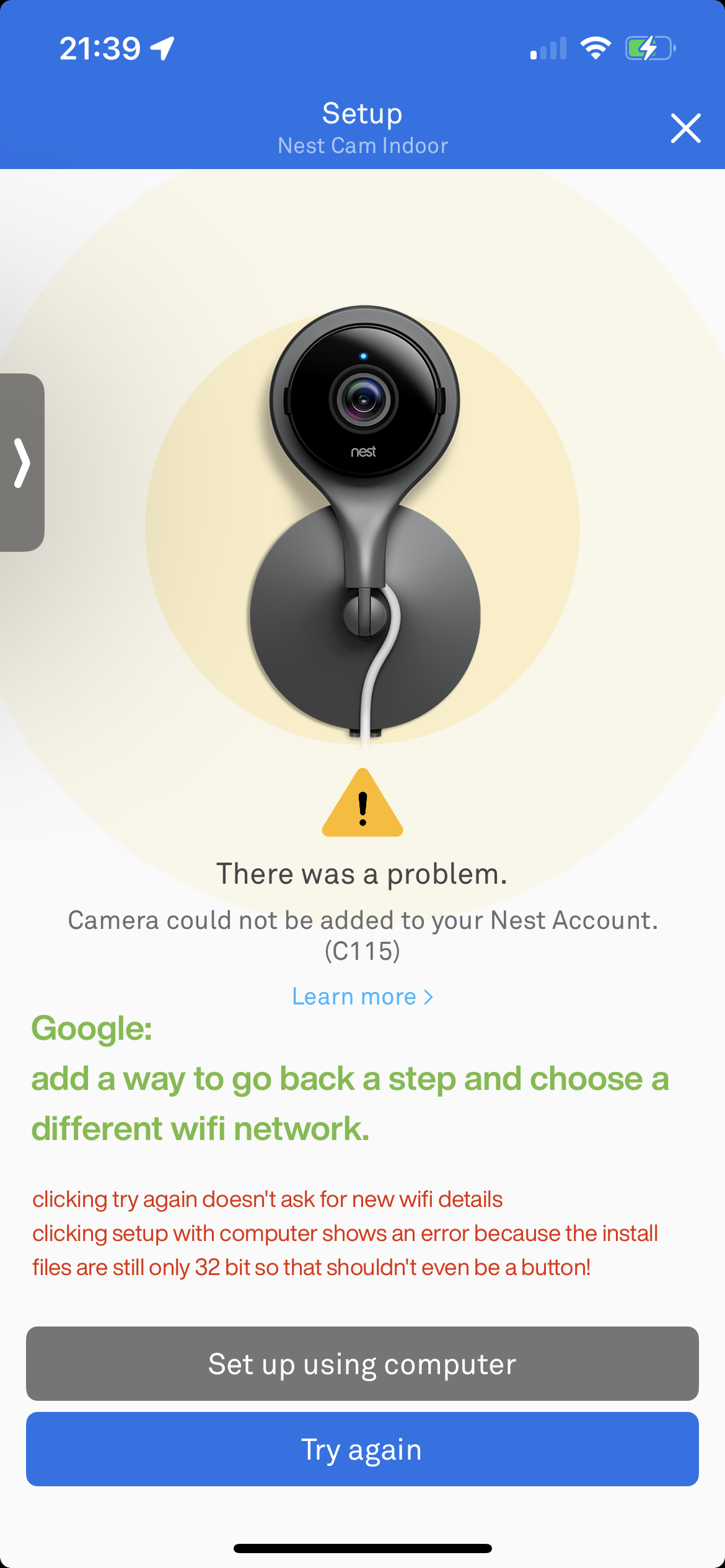 Nest Setup Feedback