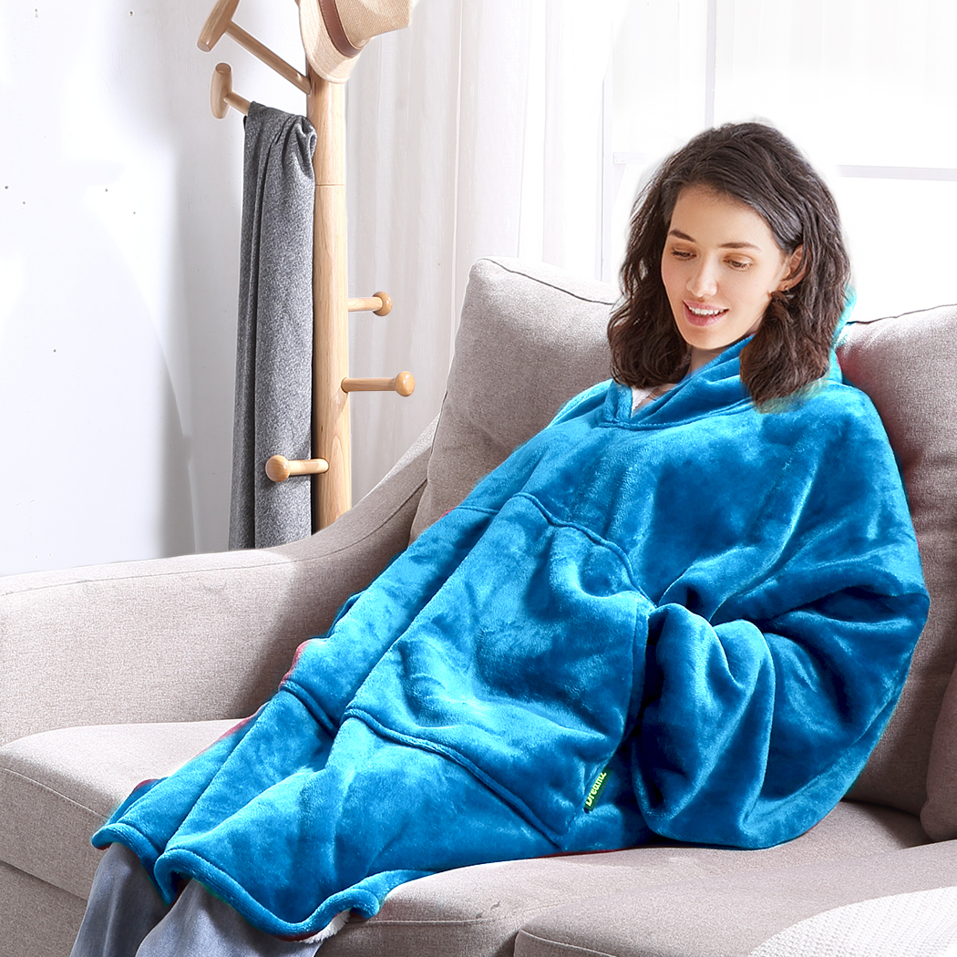 2x Blanket Hoodie Blanket Ultra Plush Comfy Sweatshirt Huggle Fleece Warm Blue