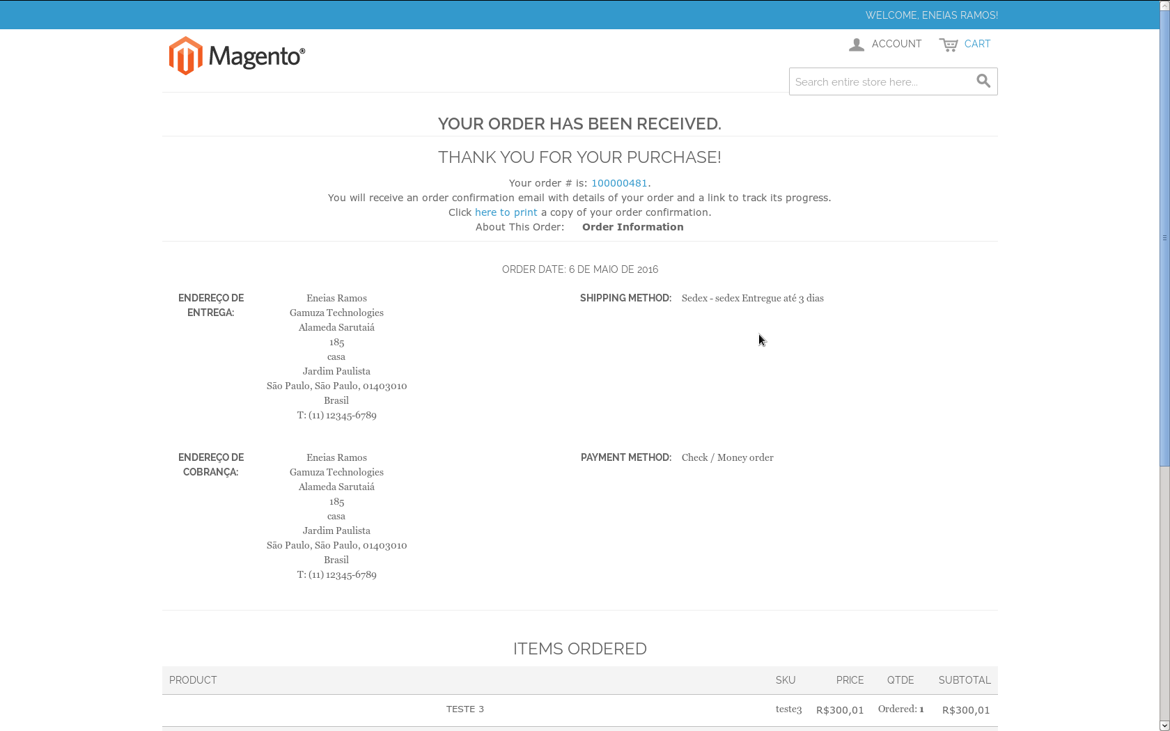 Gamuza Fretes - Magento - Página de sucesso do pedido