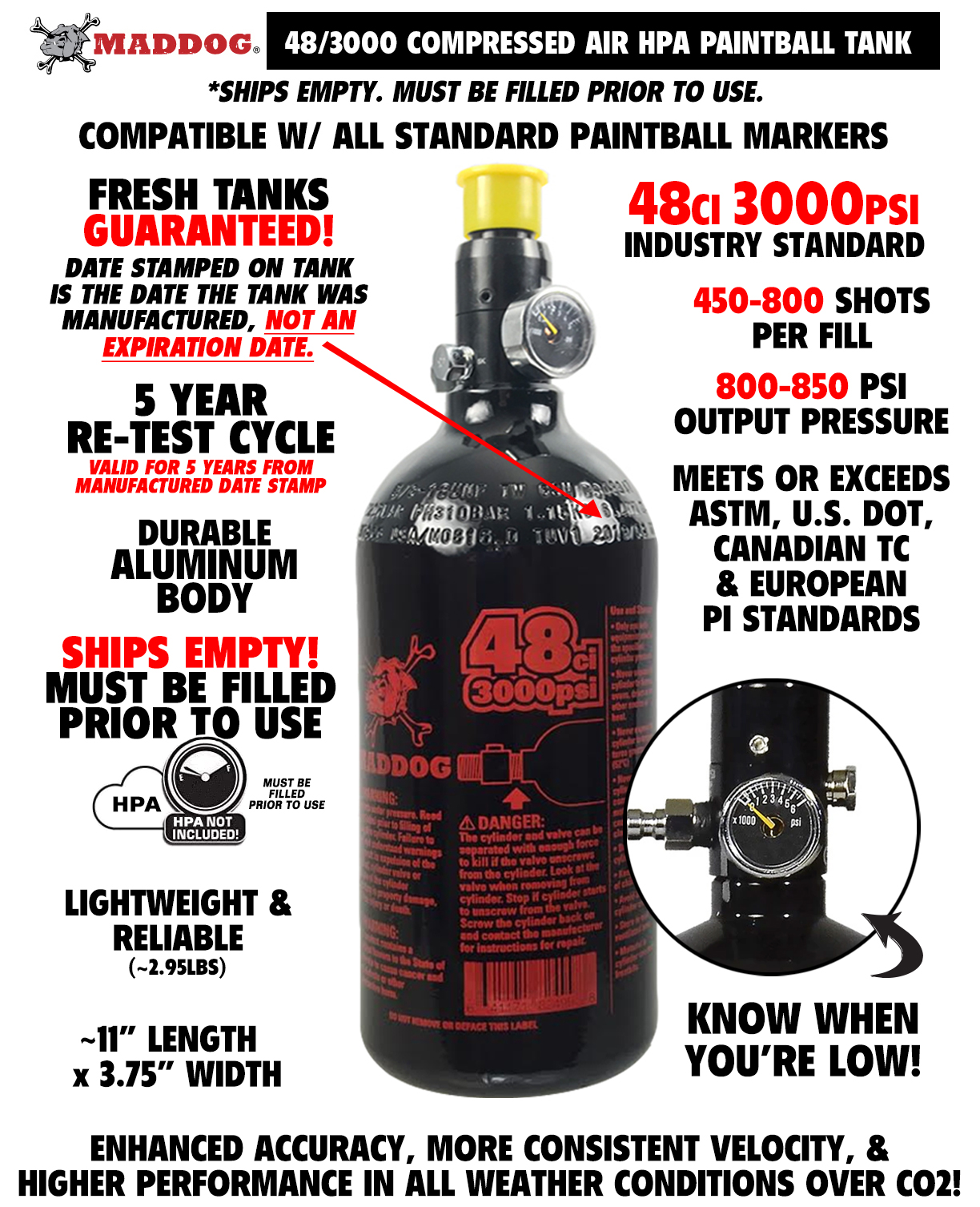 NEW Maddog 48ci 3000psi Aluminum Compressed Air HPA Paintball Tank N2