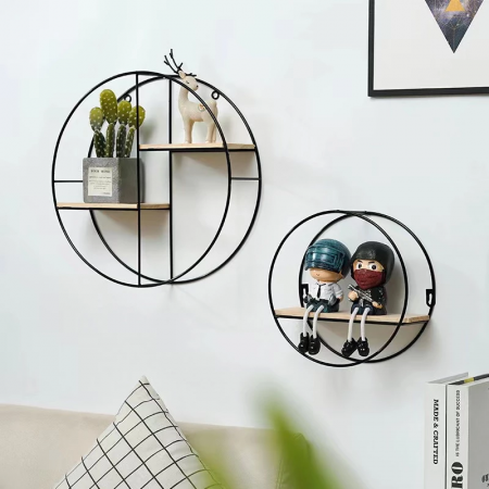 Repisa de 2 pisos negro, Ø37cm, hierro forjado y madera