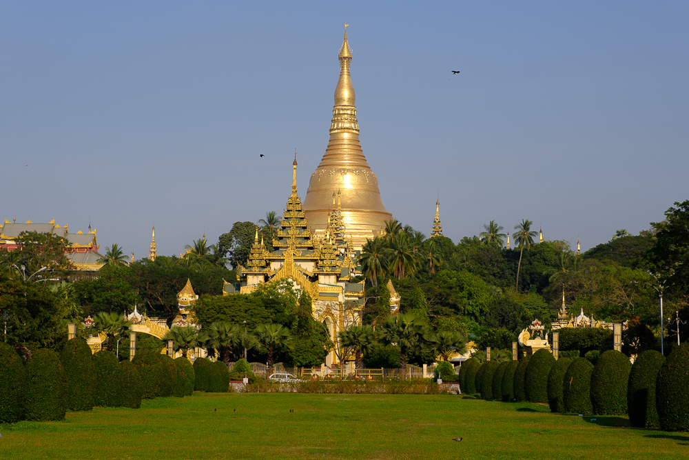 De grote Schwedagon pagoda wordt omringd door groen, groen en euh, groen.