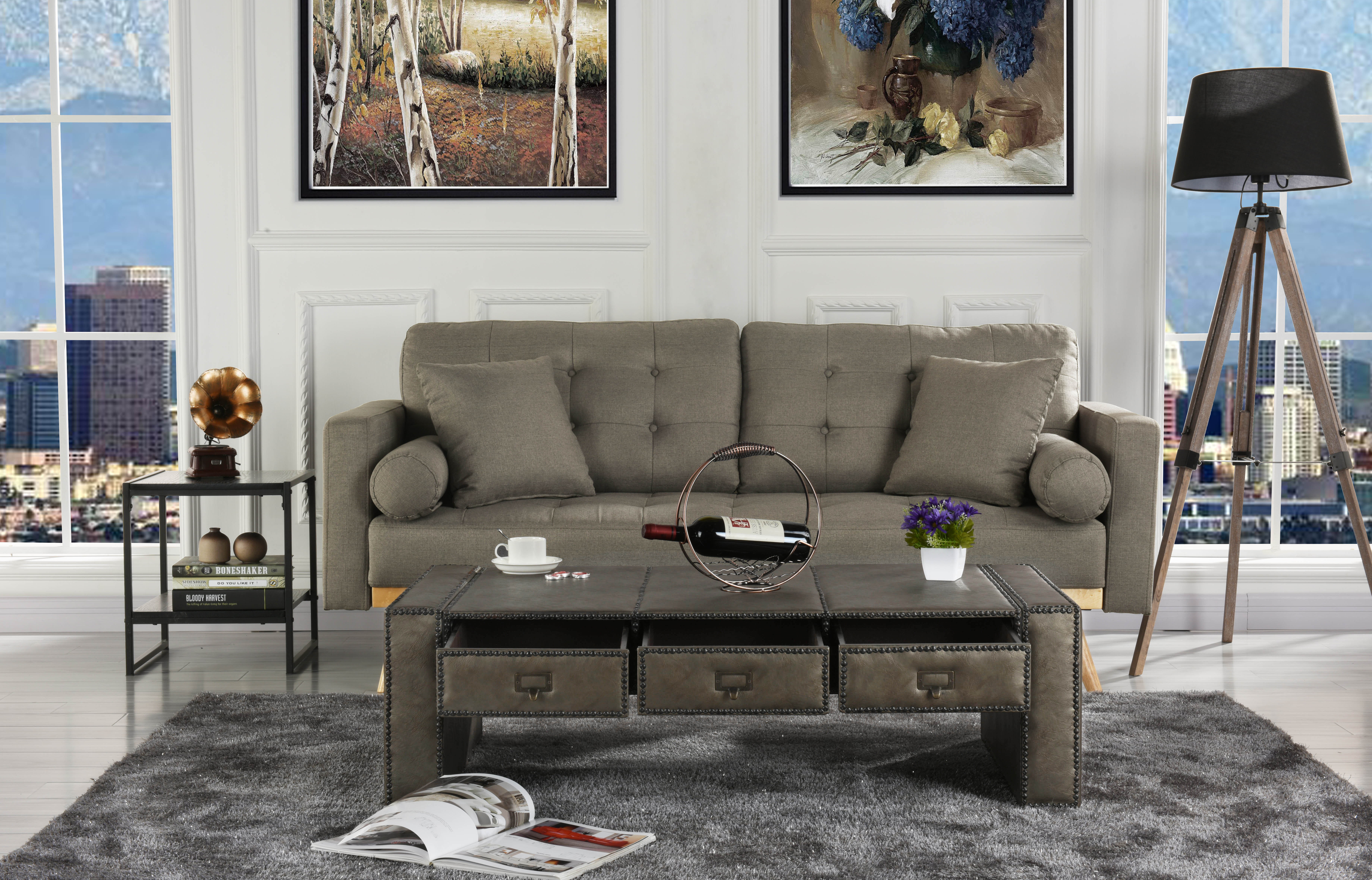 Traditional Faux Leather Upholstered Coffee Accent Table with Drawers