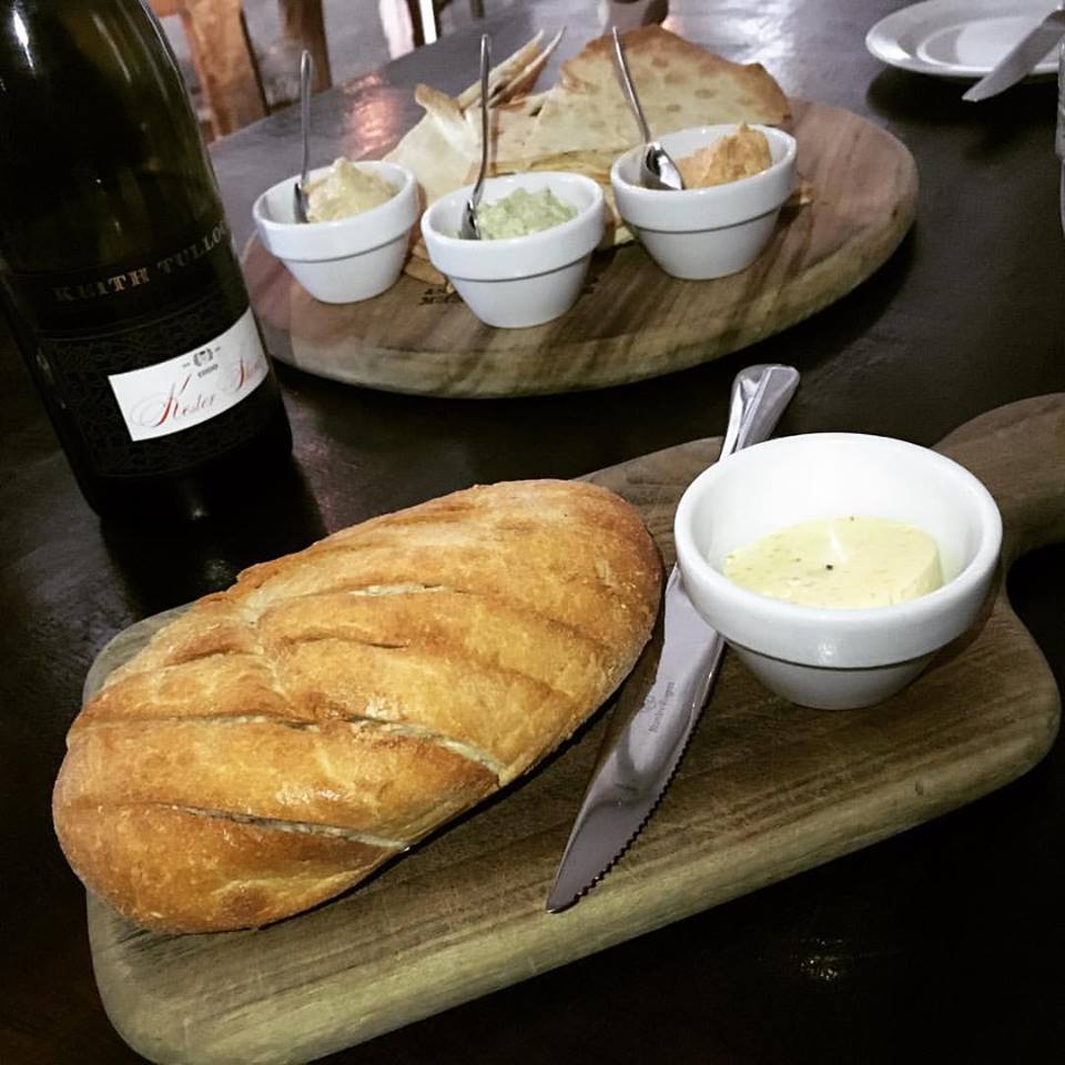 Damper and trio of dips with flat bread