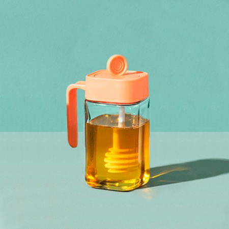 Frasco de miel naranja, 14x8.5x6cm, cuchara mielera
