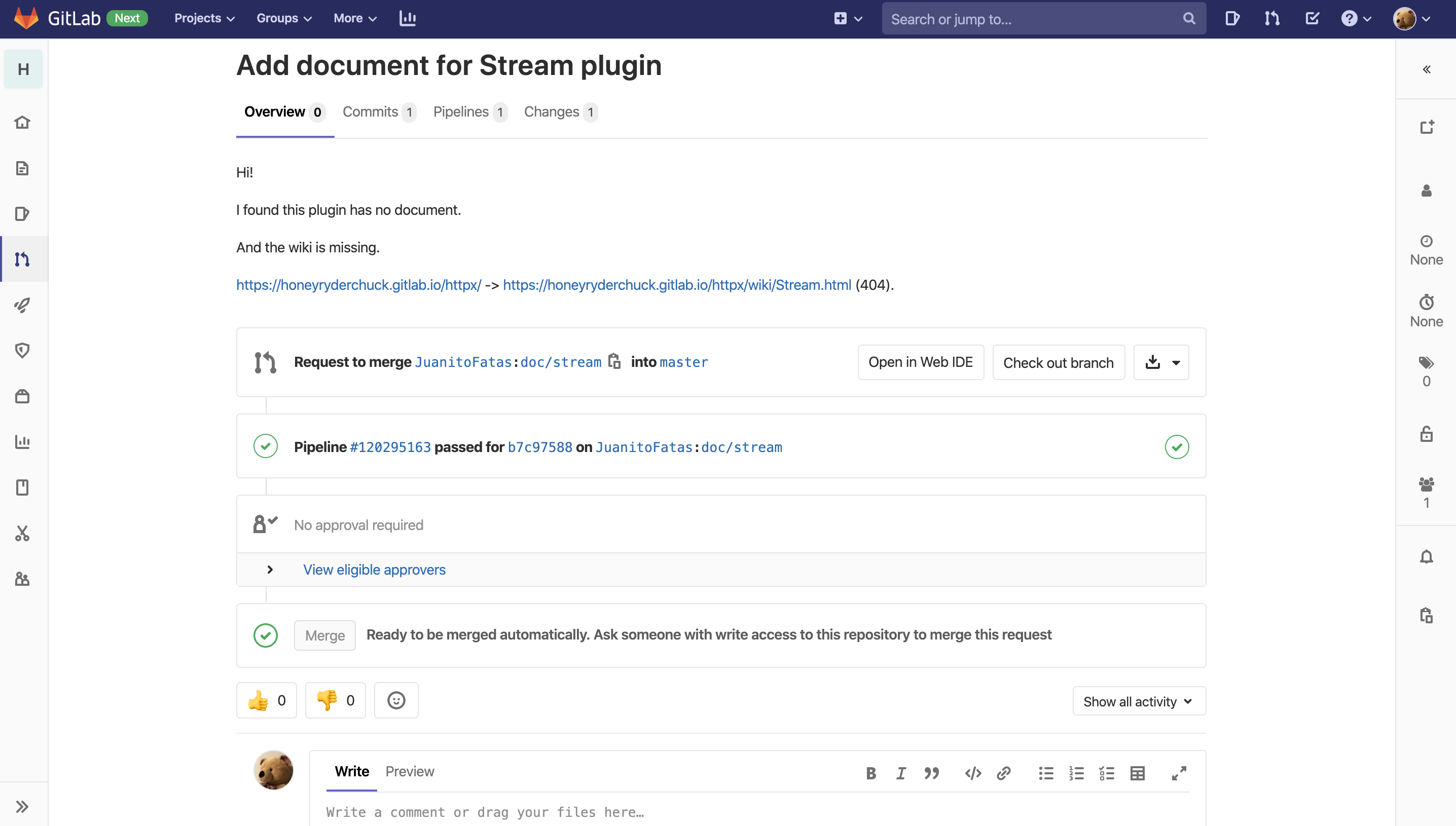 GitLab’s MR page with sidebars collapsed