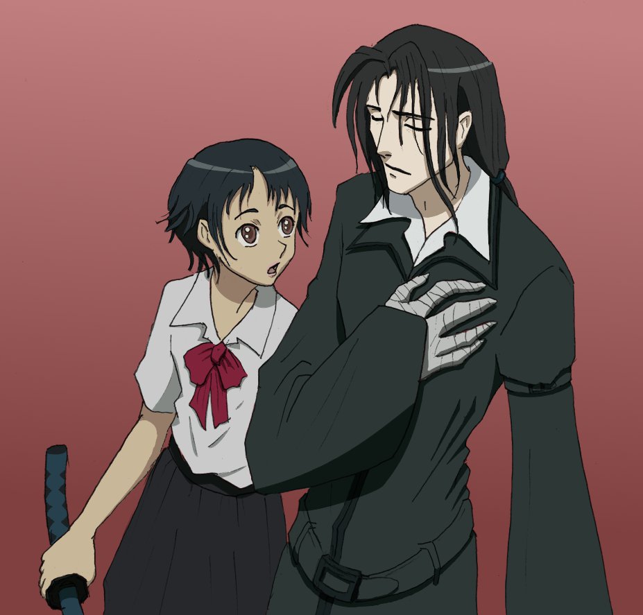 Colour version of Erin_C's lineart depicting Saya looking concerned about Haji who has a hand to his chest