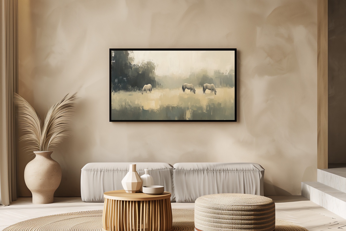 Wandering Equine Reverie - Vintage Frame TV Art of impressionistic horses in a pastoral scene
