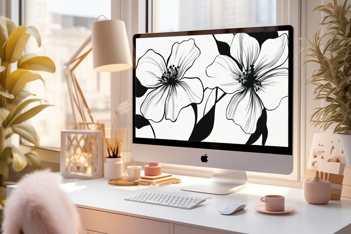 Floral Silhouette Elegance Black and White Desktop Wallpaper