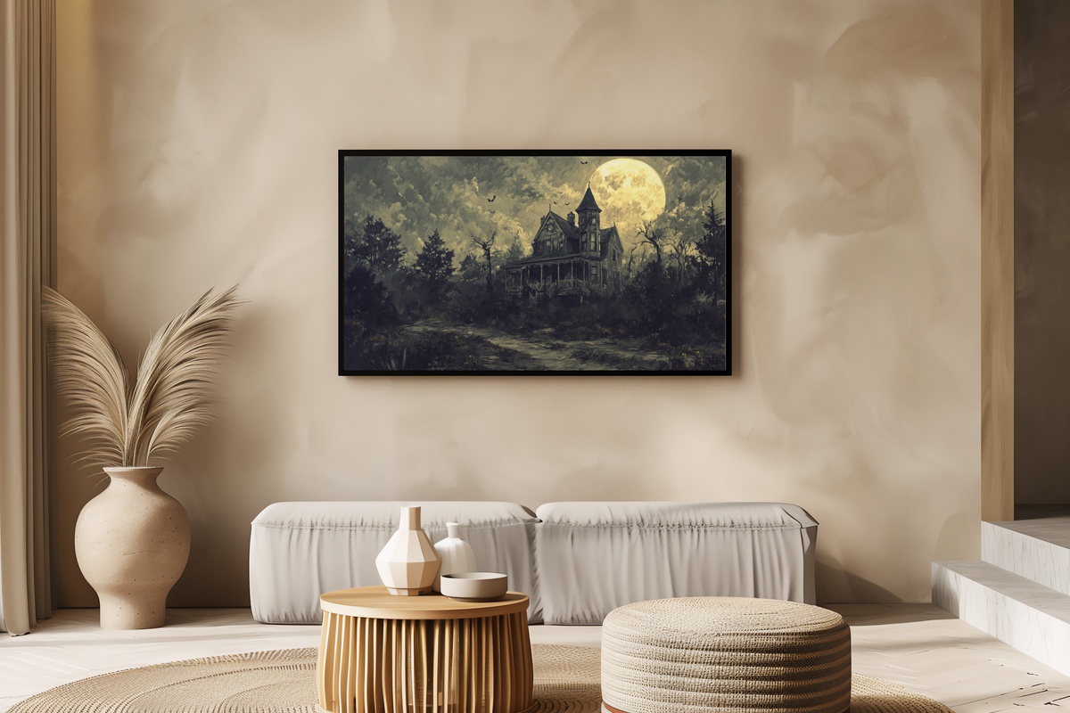 Haunted Mansion in Moonlit Mystery Halloween Frame TV Art — moonlit gothic mansion in muted blue and silver for Samsung Frame TV