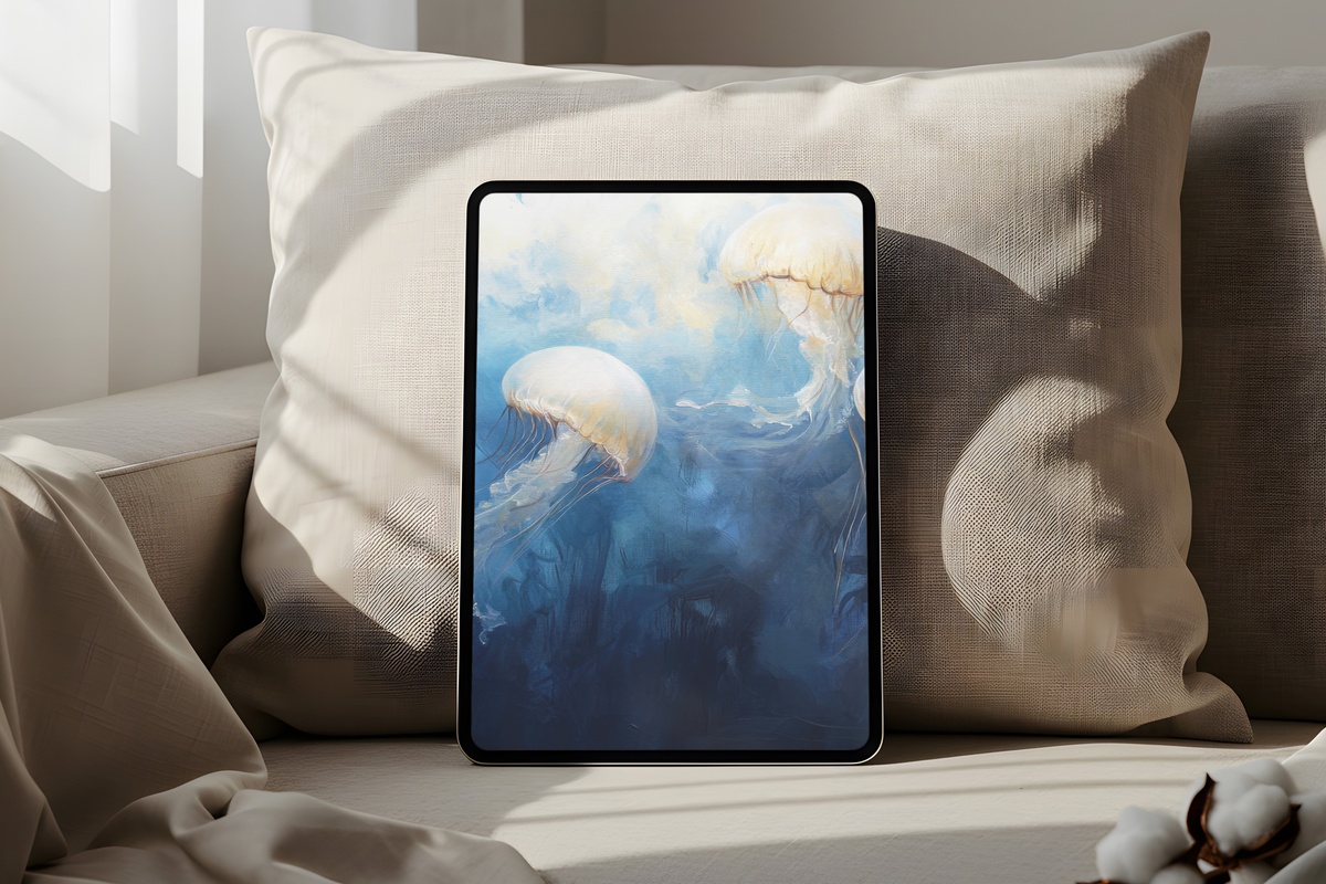 Jellyfish Serenade in Blue Coastal iPad Wallpaper with soft blues and golds