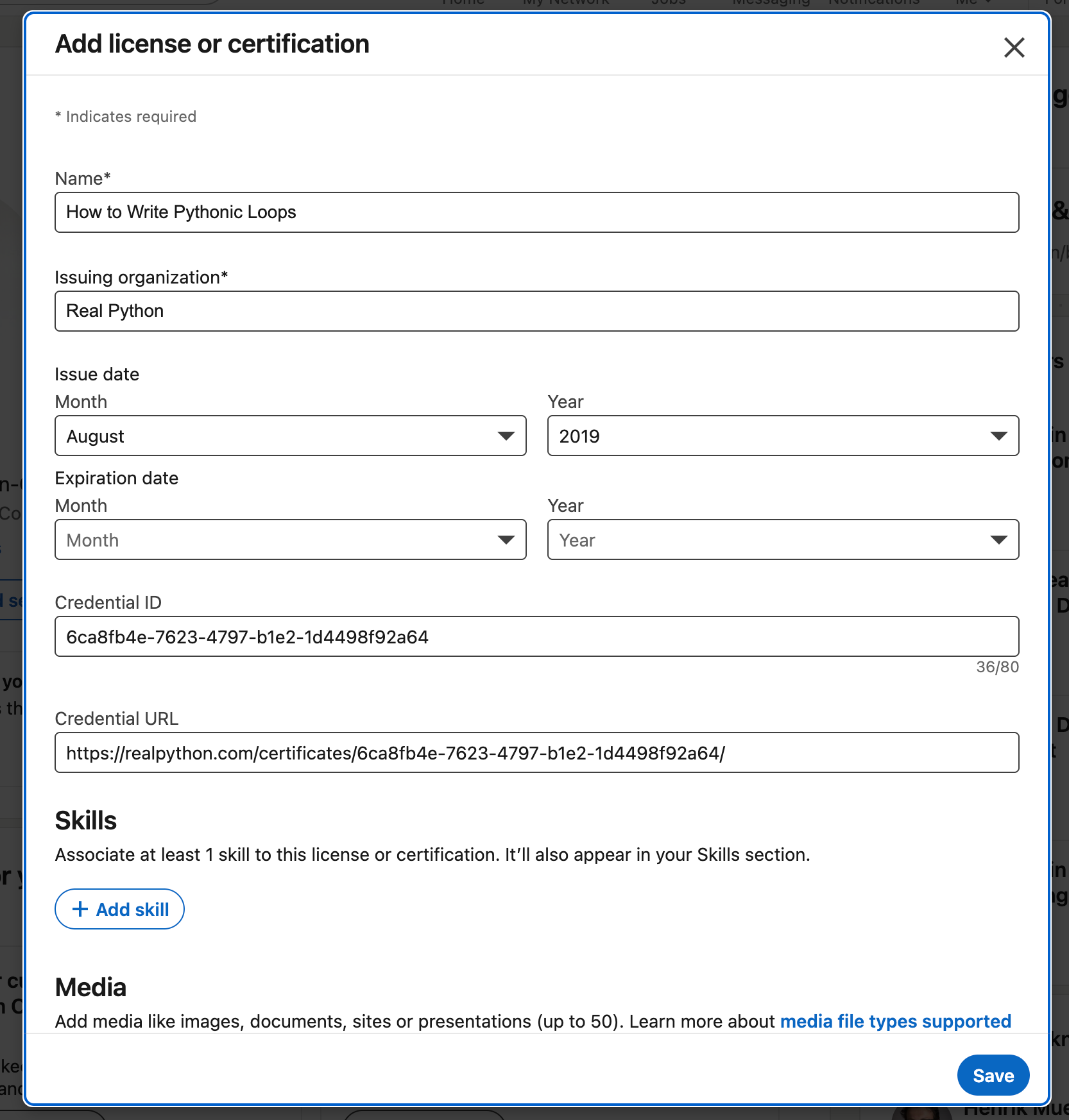 LinkedIn's Add license or certification dialog with the certificate details pre-filled