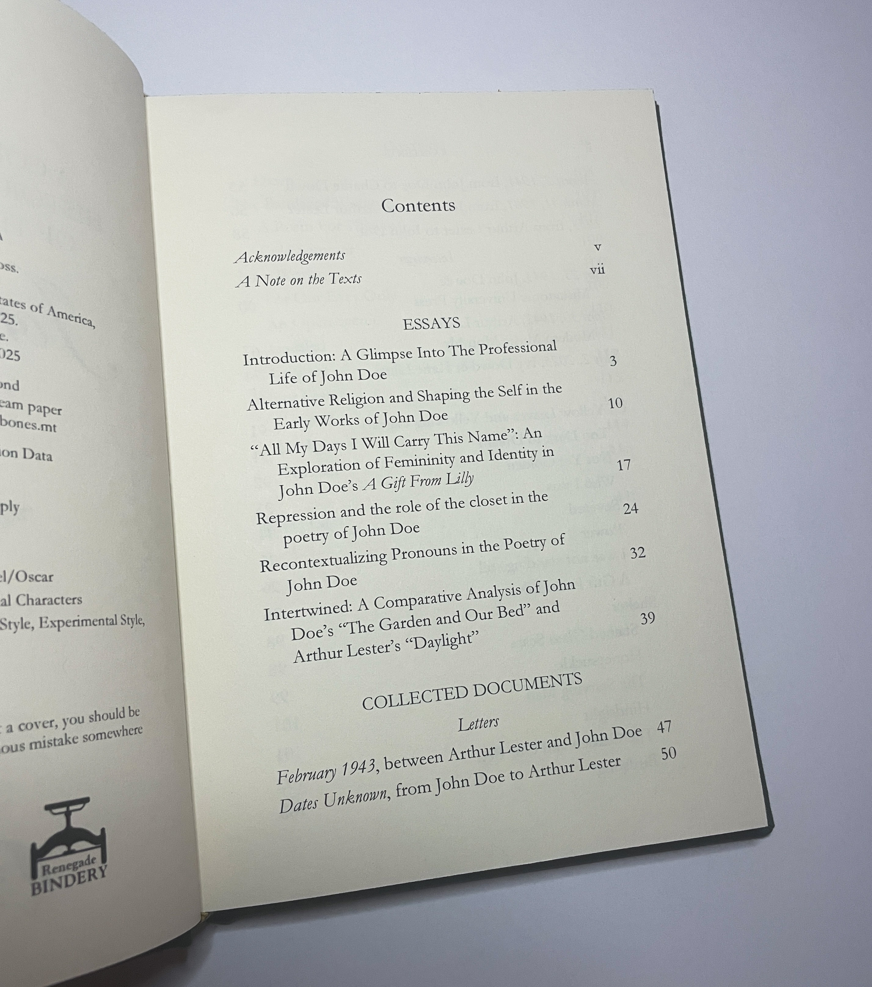 The table of contents of a hand-bound book, formatted similar to the Penguin Classics style of formatting. There are headers for Essays and Collected Documents, with the various contents of those sections listed below them.